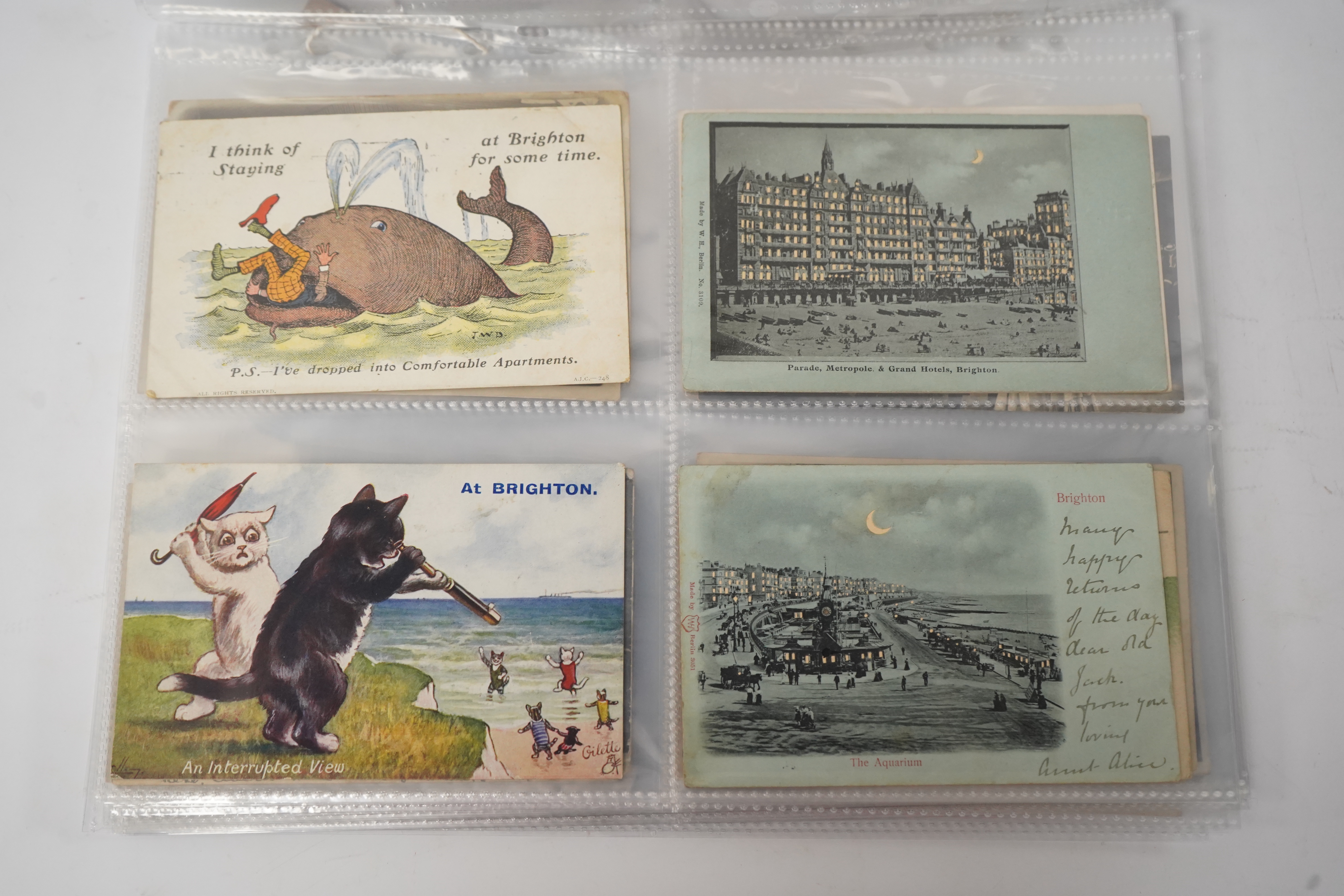 Brighton & Hove interest; a collection of one hundred and twelve assorted vintage postcards, mostly pre WW1, including novelty, shopfronts and Albion football matches